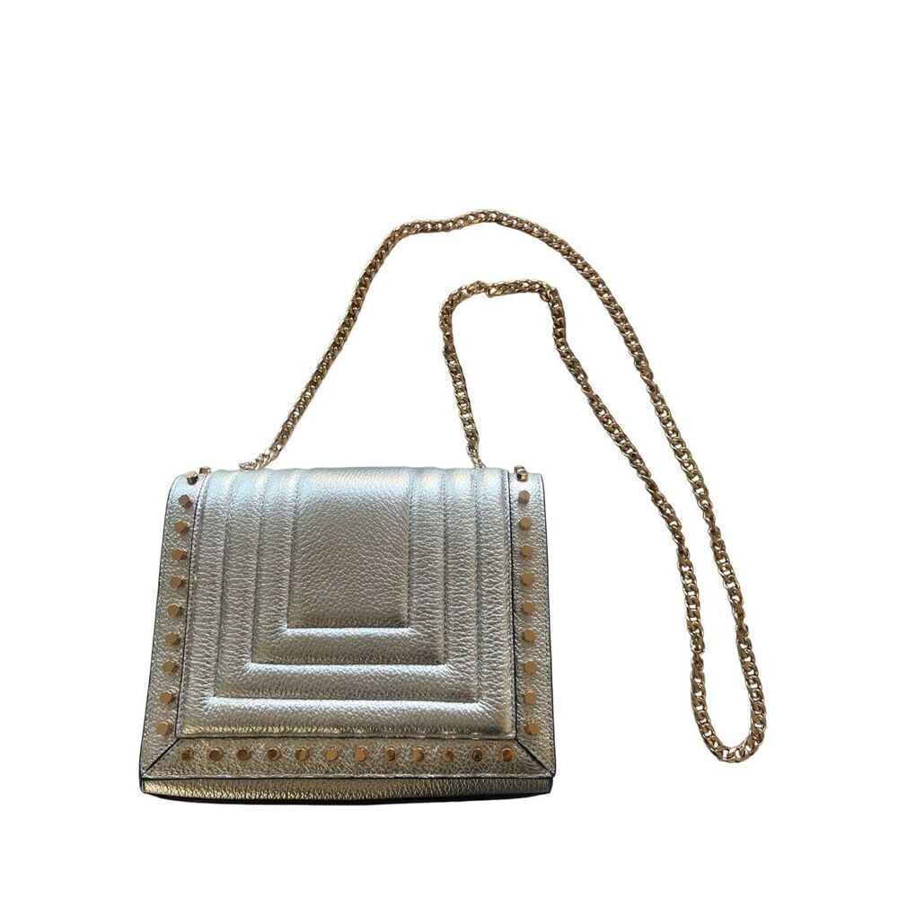 NWT Luana Italy Clio Studded Flap Bag Chain Metallic Silver Leather Bag with Gol